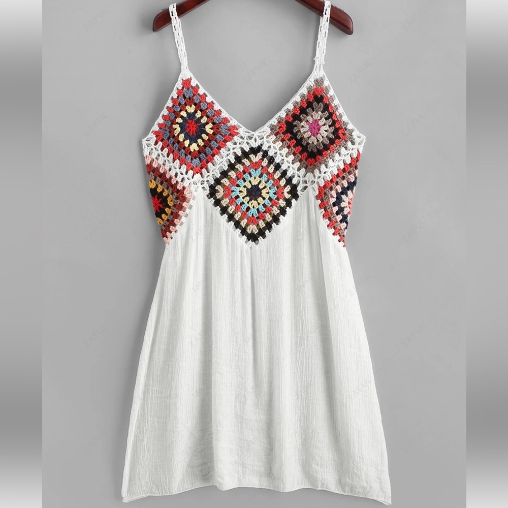 Zaful Colorful Crochet Panel Beach Dress / Swimsuit Coverup in white